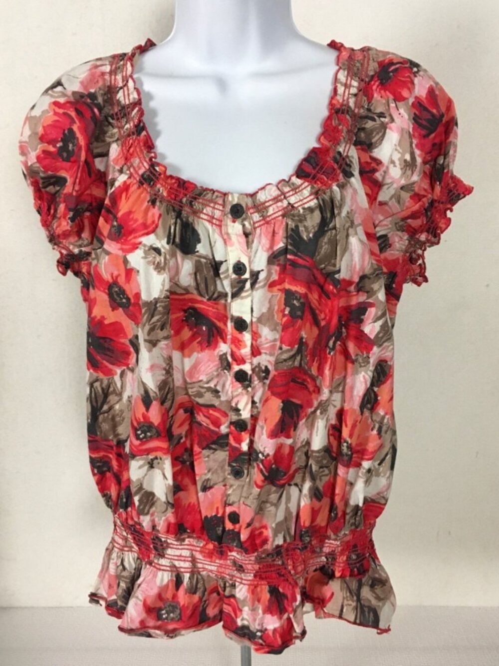Dress Barn Top Size XL Red White Pink Flowers Short Sleeves Square Neckline